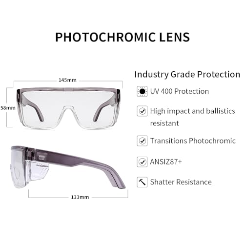 Image of UV400 Transition Photochromic Safety Glases Light to Dark Grey Lens ANSI Z87 Impact Approved
