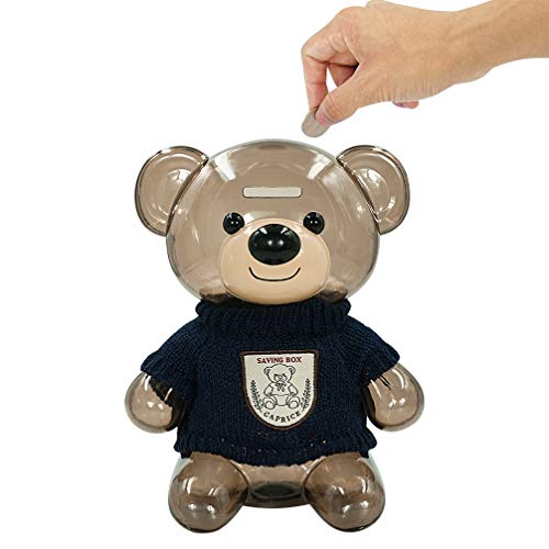 DreamsEden Cute Bear Piggy Bank, Large Plastic Money Coin Box Saving Pot with Knit Clothes Decoration