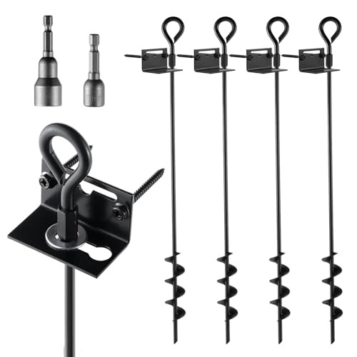 MIXXIDEA 24 in Mobile Home Anchors, Metal Ground Anchor Screw in, Heavy-Duty Earth Anchors with Adapter for Drill, Anchor Kits Set of 4 for Storage Shed, Swing, Trampoline, Tent (Black-4pk)