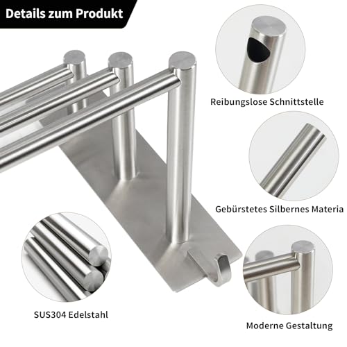 Vista SUS304 Handdoekenhouder, 3 stangen, zonder boren, 75 cm, roestvrij staal, zelfklevende handdoekhouder, zilver, badkamer, handdoekhouder met twee haken, voor keuken, badkamer, slaapkamer, zilver - Image 4