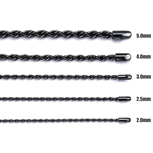 Fiusem Black Rope Chain for Men, Stainless Steel Necklace for Men and Women, Rope Chain18-28 Inches2