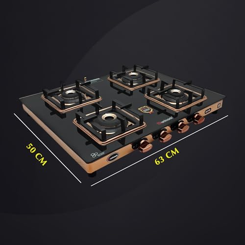 Image of Unicook Coral Cuba 4 Burner Gas Stove | Manual Ignition | 6mm Glass | Brass Burners | ISI Certified | Rose Gold Frame | 3 Years Warranty on Glass & Burners + 2 Year Comprehensive Warranty