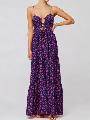 Image of Womens Summer Floral Spaghetti Strap Backless Low Cut Smocked Milkmaid Flowy Beach Sundresses