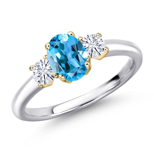 Gem Stone King 925 Silver and 10K Yellow Gold Swiss Blue Topaz and White Moissanite 3-Stone Engagement Ring For Women | 1.32 Cttw | Oval 7X5MM and Round 3.5MM | Available in Size 5,6,7,8,9