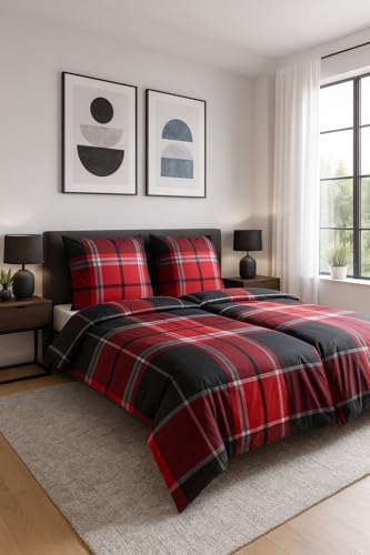 Casa Colori Biber Bettwäsche 135x200 Anthrazit Grau Rot 4tlg. Kariert 100%...