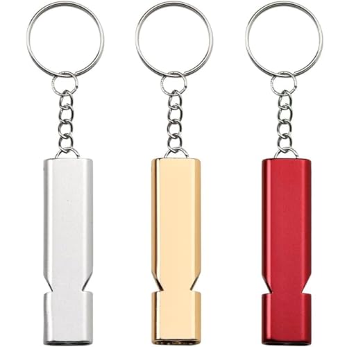 3 Piezas Silbato Supervivencia, Silbato Emergencia,Silbato Arbitro, Silbato Doble Silbato Alta Doble Frecuencia, con Llavero, para Supervivencia Camping Senderismo,Plata+Oro+Rojo