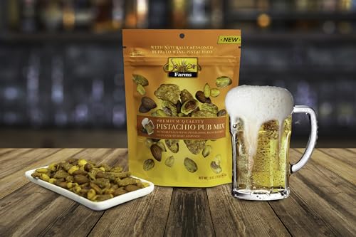 Image of Setton Farms Pistachio Pub Mix 5 Oz. Bag. With Buffalo Wing Pistachios, Ranch Corn Nuts, Honey Roasted Sesame Chips and Hickory Almonds.