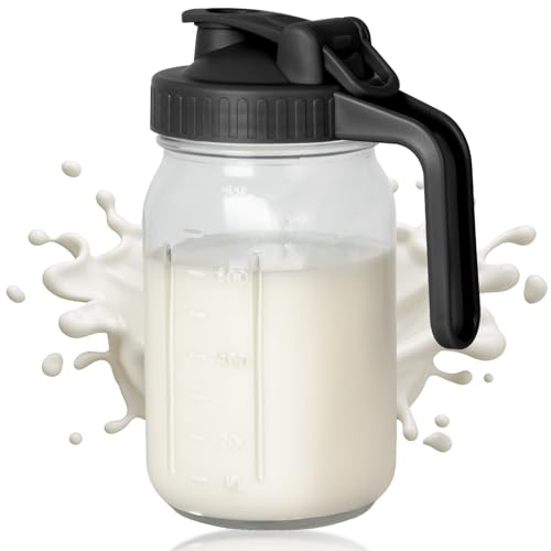 Image of VA1KENE 32oz Breast Milk Pitcher, 1 Qurat Glass Mason Jar with Flip Cap Lid and Pour Spout, 100% Airtight Leakproof Water Jugs for Iced Sun Tea, Juice, Cold Coffee, Breastmilk Storage Container, Black
