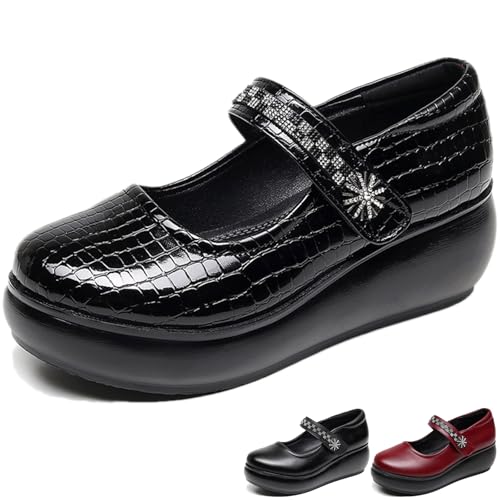 Women's Leather Printing Platform Wedge Arch Support Mary Janes with Rhinestone Adjustable Hook and Loop Cute Round Toe Comfortable Orthopedics Non-Slip Walking Shoes for Casual Office Dress