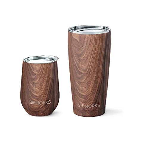 Sipworks Stainless Steel Coffee and Wine Tumbler Set: Double-Wall Vacuum Insulated Spill-proof Travel Mug Metal Cup with Lid, Set of 2, Mahogany Cover