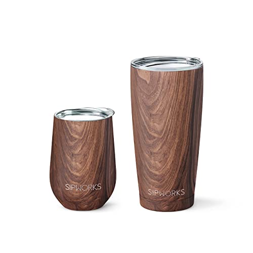 Sipworks Stainless Steel Coffee and Wine Tumbler Set: Double-Wall Vacuum Insulated Spill-proof Travel Mug Metal Cup with Lid, Set of 2, Mahogany