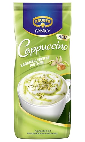 KRÜGER Family Cappuccino Pistazie, aromatisiertes Getränkepulver mit löslichem Bohnenkaffee, koffeinhaltig, 500 g Beutel