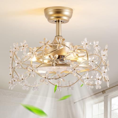 Image of 20 inch Gold Fandelier Ceiling Fan with Light, Flower Chandelier Ceiling Fan | Modern Enclosed Caged, 6 Speeds Remote Control, Reversible Motor, Timer, for Girl's Bedroom, Nursery, Living Room