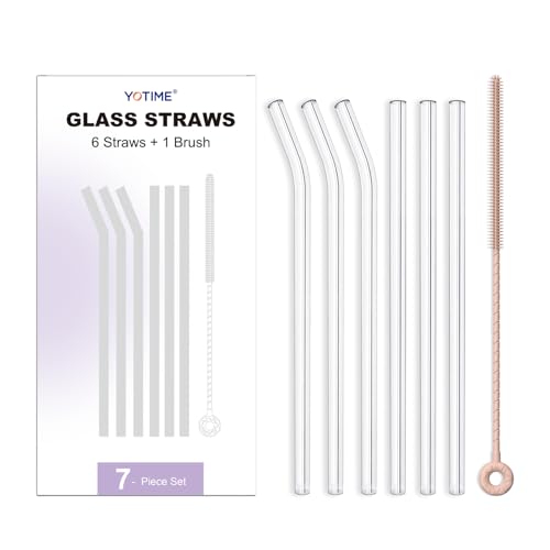 YOTIME 6-Pack Reusable Glass Straws Set, 8.5''x10MM, Set of 3 Straight and 3 Bent with 1 Silicone Cleaning Brush, Perfect for Smoothies, Juice, Milkshake and Coffee (Clear Straws, Pink Brush)