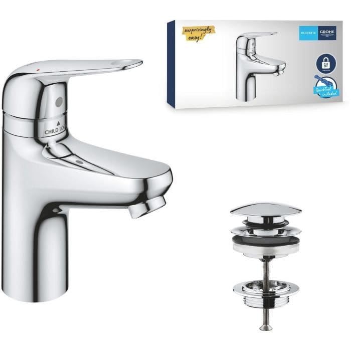 GROHE Swift QuickFix – bateria umywalkowa z zestawem odpływów wciskanych i blokadą bezpieczeństwa dla dzieci (rozmiar S 167 mm, wkład ceramiczny 28 mm, oszczędzający wodę, ogon 3/20.3 cm, łatwy montaż
