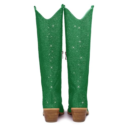 RKQ Women's Sparkly Rhinestone Western Glitter Pointed Toe Block mid Heel Knee High Cowboy Boots Zipper Pull-on Tabs for Girl Party Dating bling Cowgirl shoes4