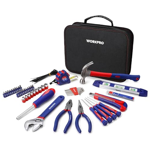 WORKPRO Kit d'Outils avec Sac de Rangement pour Usage Domestique ou du Travail 100 Pièces EN Acier au carbone et Cr-V, Bleu Rouge Noir
