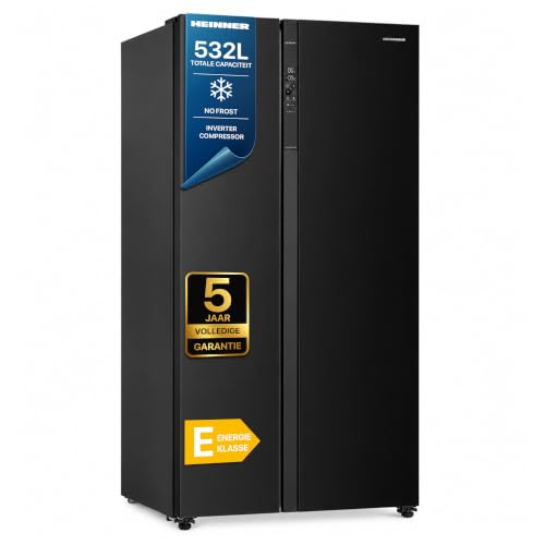 HEINNER HSBS-HM532NFBKE++ Amerikaanse Side-by-Side koelkast, Full No Frost, 532 liter, 39 dB, LED-touchscreen, compressor-inverter, Eco-modus, superkoelen en supervriezen, zwart, 5 jaar Garantie