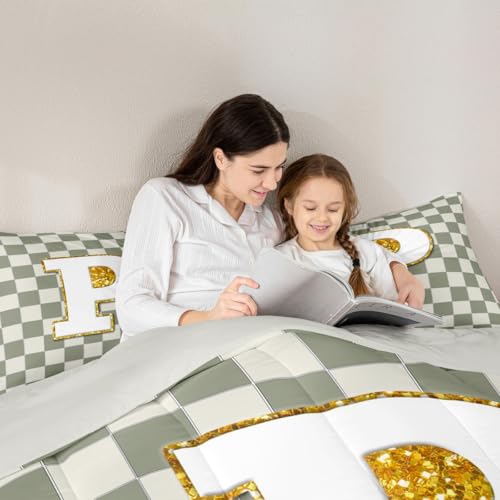 Image of Erosebridal Sage Green Checkered Bedding Set Full Plaid Initial P Comforter Set for Kids Adults Personalized Monogram Down Comforter,Fashion Grids Gingham Quilt Duvet