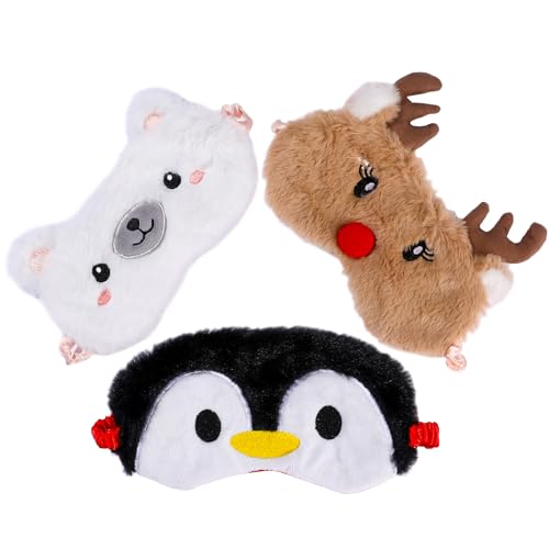 NEWEST 3 Pcs Christmas Animal Plush Sleeping Masks, Cute Soft Eye Cover for Sleep with Elastic Strap, Eyeshade Blindfold