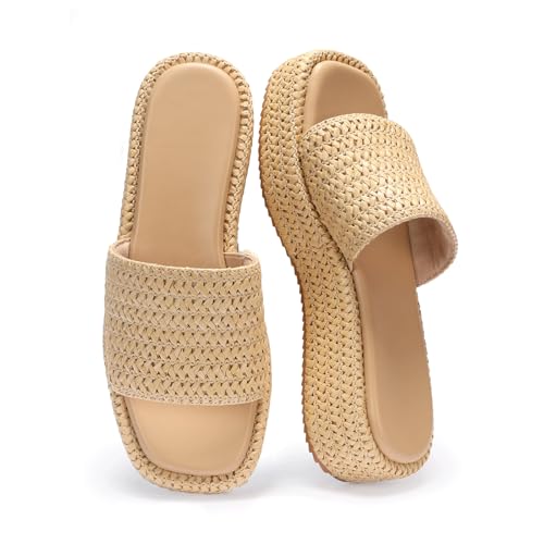 Image of Monrovia Platform Sandals Women Raffia Espadrille Slides, Woven Straw Flatform Beach Sandals Women, Slip On Summer Vacation Shoes, Comfortable Casual Daily Wear