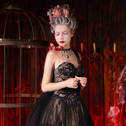 4PCS Gothic Halskette Set, Choker Kette Damen Schwarz, Spitze Halsband, Vintage Lolita Kostüm Zubehör Schmuck für Karnevals Maskerade Party