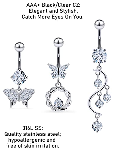 Kwoencxi Belly Button Ring For Women 14G Stainless Surgical Steel Long Dangle Curved Hypoallergenic Belly Navel Ring Barbells Bar Body Piercing Jewelry Silver 10Mm Cz Diamond Gem (Ndyb-000019) #TOP2