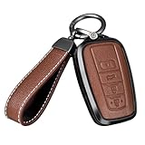 OFF WE GO for Toyota Key Fob Cover with Keychain, Genuine Aluminum Alloy and Leather Protection Key Case for 2018-2022 Camry RAV4 Highlander Avalon C-HR Prius Corolla GT86 Smart Key Holder, Brown