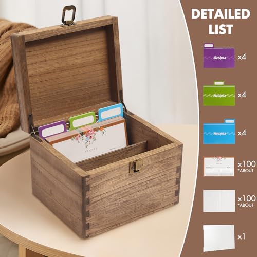 KIRIGEN Wood Recipe Box with Cards and Grooves Kitchen Organiser with 100 Cards Set Rustic Holder Lovely Cooking Assistance Box(CPH-DBR) - Image 2