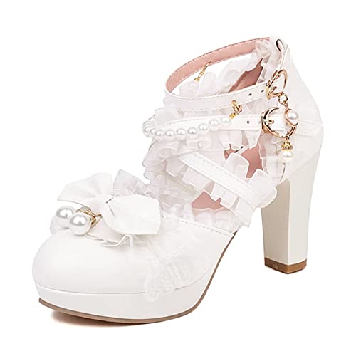 Image of FOREADA Lolita Shoes Platform Mary Jane Heels Kawaii Bow Lace Pearl Pumps | Vintage kawaii lolita styling ideal for dresses, with bead, lace, bow, ankle strap, pink, white and classic black colors