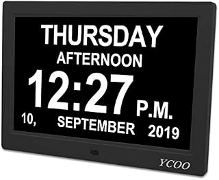 YCOO [New Version ] Digital Calendar Clock, Alarm Clock - Memory Loss Day Clock - Electronic Digital Clock with Large HD LCD - Desk&Wall Clock,8 Language day clock(10 Inch Black)