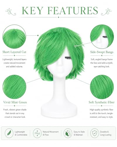 Image of Rose bud Anime Halloween Wig Green for Cosplay Party Synthetic Layered Short Hair Wigs with Bangs Pastel Funny Wigs for Women Men