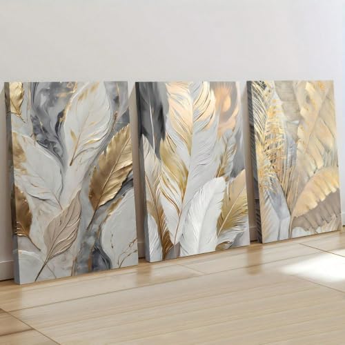 Tableau feuille or et gris triptyque 40x60cm pour déco de chambre moderne
