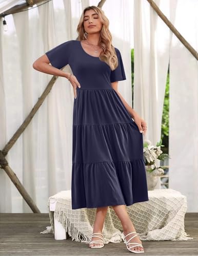 Image of Zeagoo Women's Summer Flowy Midi Dress Casual Flutter Sleeve O Neck Tiered Beach Sundress Short Sleeve Dress Navy Blue