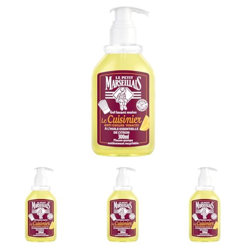 Le Petit Marseillais – Gel Lavant Mains Le Cuisinier (flacon-pompe de 300 ml) – Savon mains liquide anti odeurs tenaces à l'huile essentielle de citron – 92% d'origine naturelle (Lot de 4)