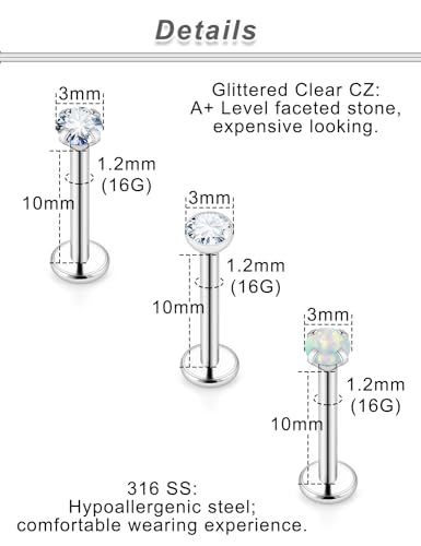 Ocptiy 20G 18G 16G Push in Theadless Nose Rings Studs Hypoallergenic Lip Labret Jewelry Flat Back Nose Stud Stainless Steel Cartilage Helix Tragus Earrings for Women Men 6mm 7mm 8mm Bars Diamond 3mm4
