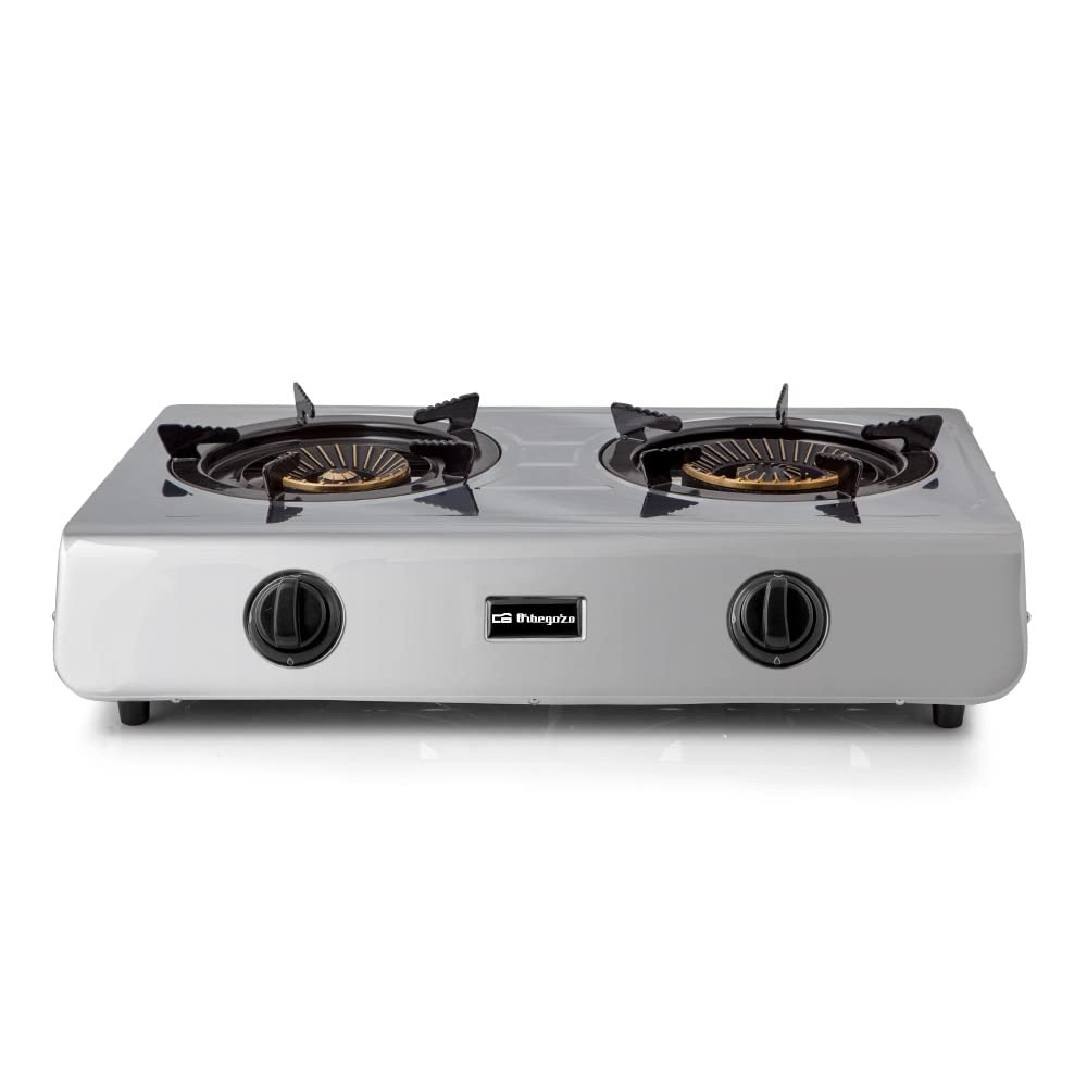 Hornillo gas butano o propano, cuerpo INOX, 2 quemadores de triple corona, encendido piezoeléctrico