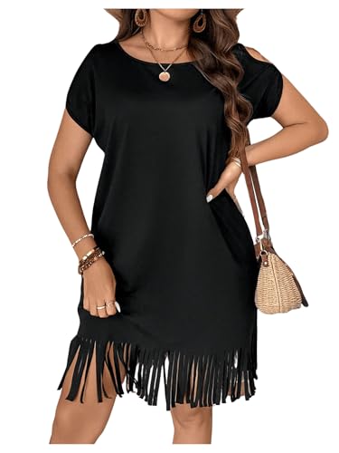 WDIRARA Women's Plus Size Round Neck Short Sleeve Fringe Hem Dress Casual Dresses Black 2XL