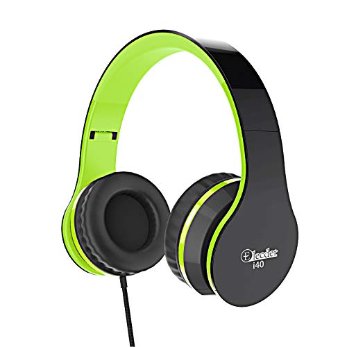 Elecder i40 Headphones with Microphone Foldable Lightweight Adjustable Wired On Ear Headsets with 3.5mm Jack for Cellphones Laptop Computer Smartphones MP3/4 Kindle School (Green/Black)