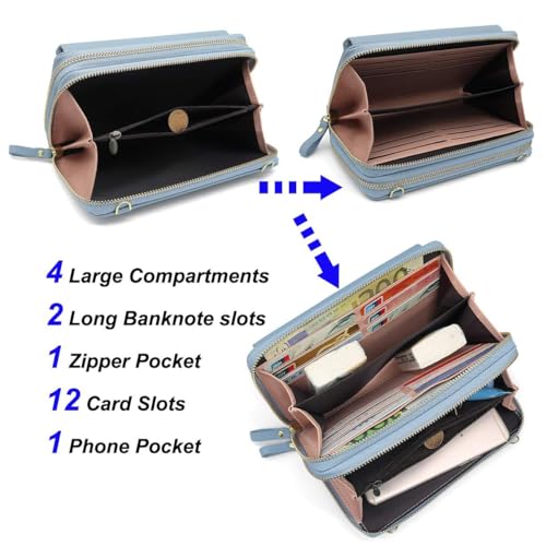 Image of Women Leather Wallet Crossbody Shoulder Bag with Double Zipper and Mobile Phone Purse with Shoulder Strap