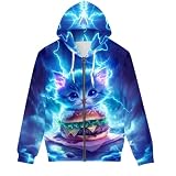 GLUDEAR Men Unicorn 3D Digital Print Full Zip Up Hoodie Jackets Pullover Hooded Sweatshirt,Blue Lightning Cat Burger,2XL