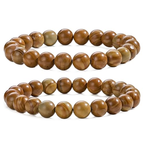 Bivei Natural Crystal Gemstone Stretch Beaded Bracelet Wood Grain Jasper-M