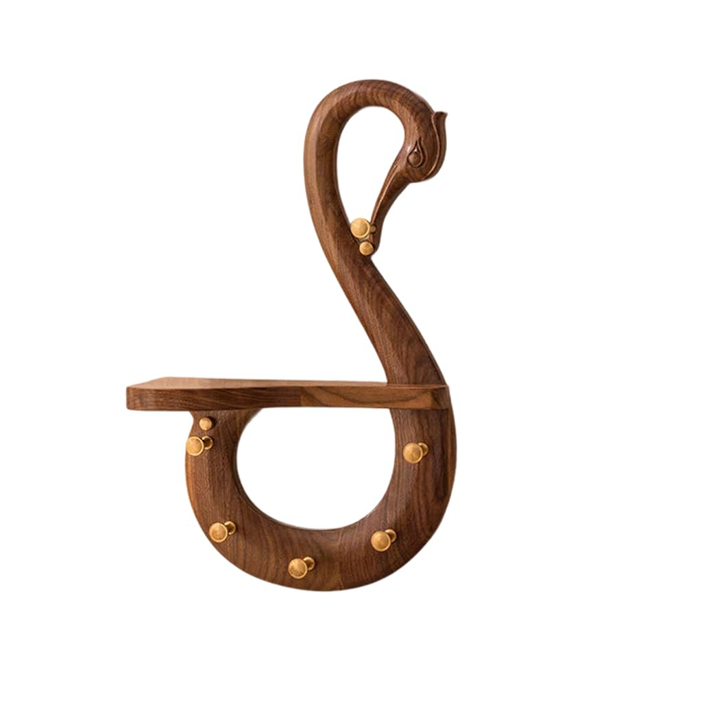 Qpkz Brown Walnut Wood Coat Rack Wall Mount Decor, Swan Shaped Wooden Wall Hooks Entryway Hanging Rack Coat Hooks Rail Clothes Towel Racks With Brass Hook For Coat, Bag, Towel Left