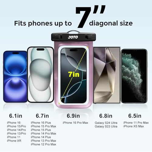 Image of JOTO Up to 7 inch Universal Waterproof Phone Case for iPhone 16 15 14 13 Plus Pro Max, IPX8 Cellphone Dry Bag 12 11 Pro Max XR X 8 7 6S Plus SE, Galaxy S23 S22 S21 S20+ S20 Plus Note, Pixel -Clearpurple