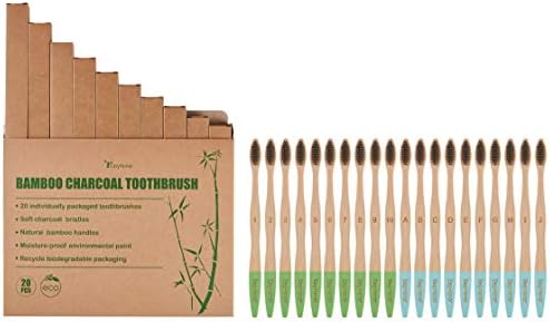 EasyHonor 10 Pack Bamboo Charcoal Toothbrushes for Adults and Teenagers, Biodegradable Organic bamboo eco friendly toothbrushes, with Ergonomic Handles and Soft Charcoal Bristles BPA Free