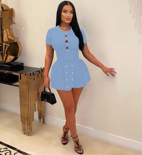 Image of Two Piece Outfits for Women Summer Going Out Knit Crop Tops Pleated Mini Skirt Sets Short Sleeve Mini Dress