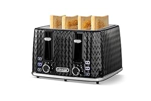 Linsar - 4 Slice Toaster - Unique Curved Texture - Defrost, Reheat, Cancel Functions - 7 Browning Levels, Wide Slots, Removable Crumb Tray - Automatic Switch Off - 1600 Watt (Black)
