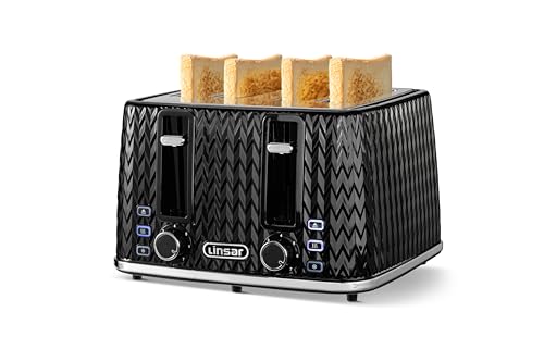 Linsar - 4 Slice Toaster - Unique Curved Texture - Defrost, Reheat, Cancel Functions - 7 Browning Levels, Wide Slots, Removable Crumb Tray - Automatic Switch Off - 1600 Watt (Black)