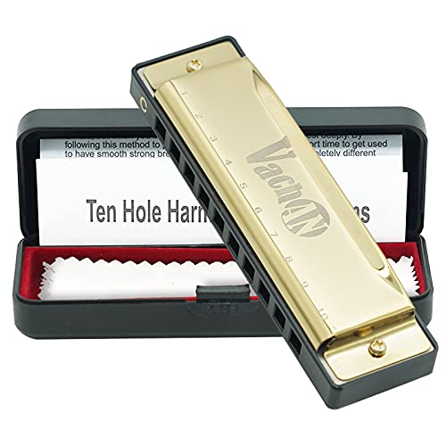 VACHAN Blues Harmonica, C Key 10 Holes 20 Tones with Case Diatonic Harmonica for Kids, Beginners, Professional, Students with Case & Cleaning Cloth,Gold