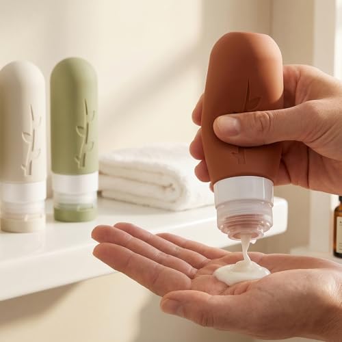 Image of DEPOZA Travel Bottles Kit (16 Pack) - TSA Approved, Leak Proof Silicone Squeezable Containers for Toiletries. Complete Set with Jars, Sprayers & Bag (Earthy brown)